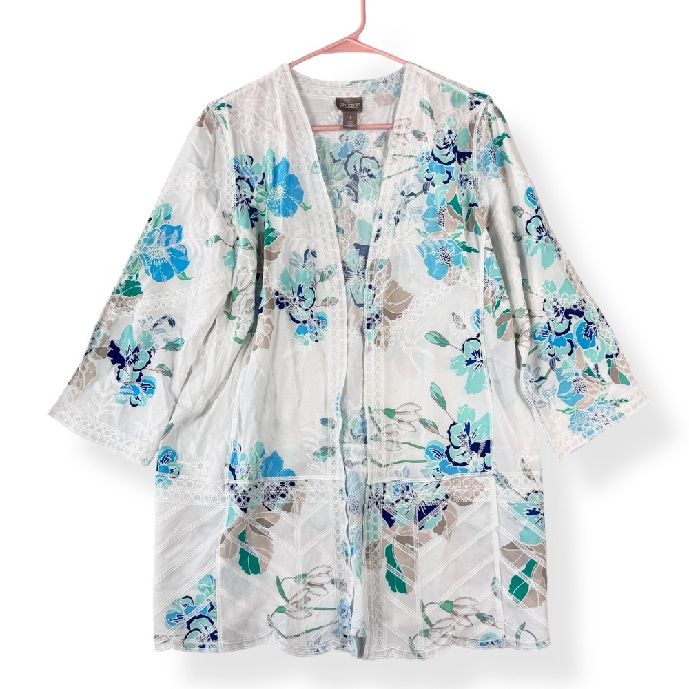 Chicos Floral Lace Trim Open Front Kimono Cardigan Blue White Rayon Size 1 M